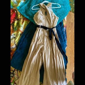 Khaki Crossfront Jumpsuit with black ribbon